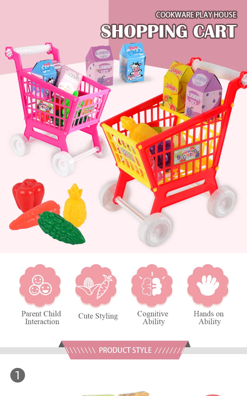 Shopping Cart Toys, Trolley for Groceries Supermarket Playset Fruit Vegetables Play Food Role Kitchen Store Toys for 3+ Kids
