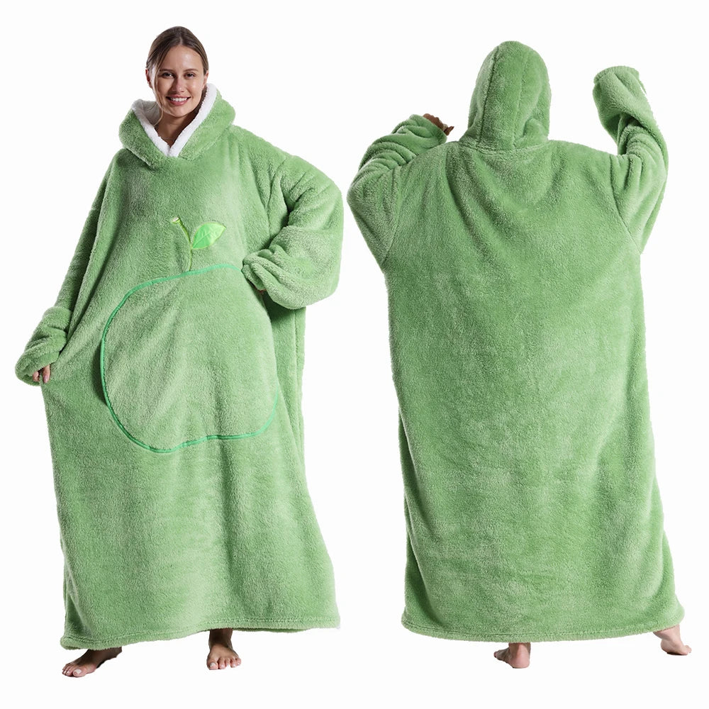 Extra Long Hooded Blanket – Winter Flannel Wearable Throw with Full Sleeves