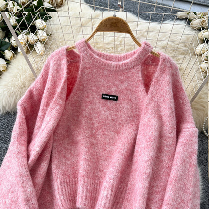 Womens Knit Cardigan Long Sleeves And Sleeveless Tank Top Set Polyester