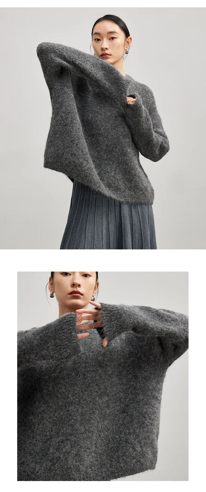 Alpaca Knit Pullover Sweater For Women, Loose Fit, Camel, Beige