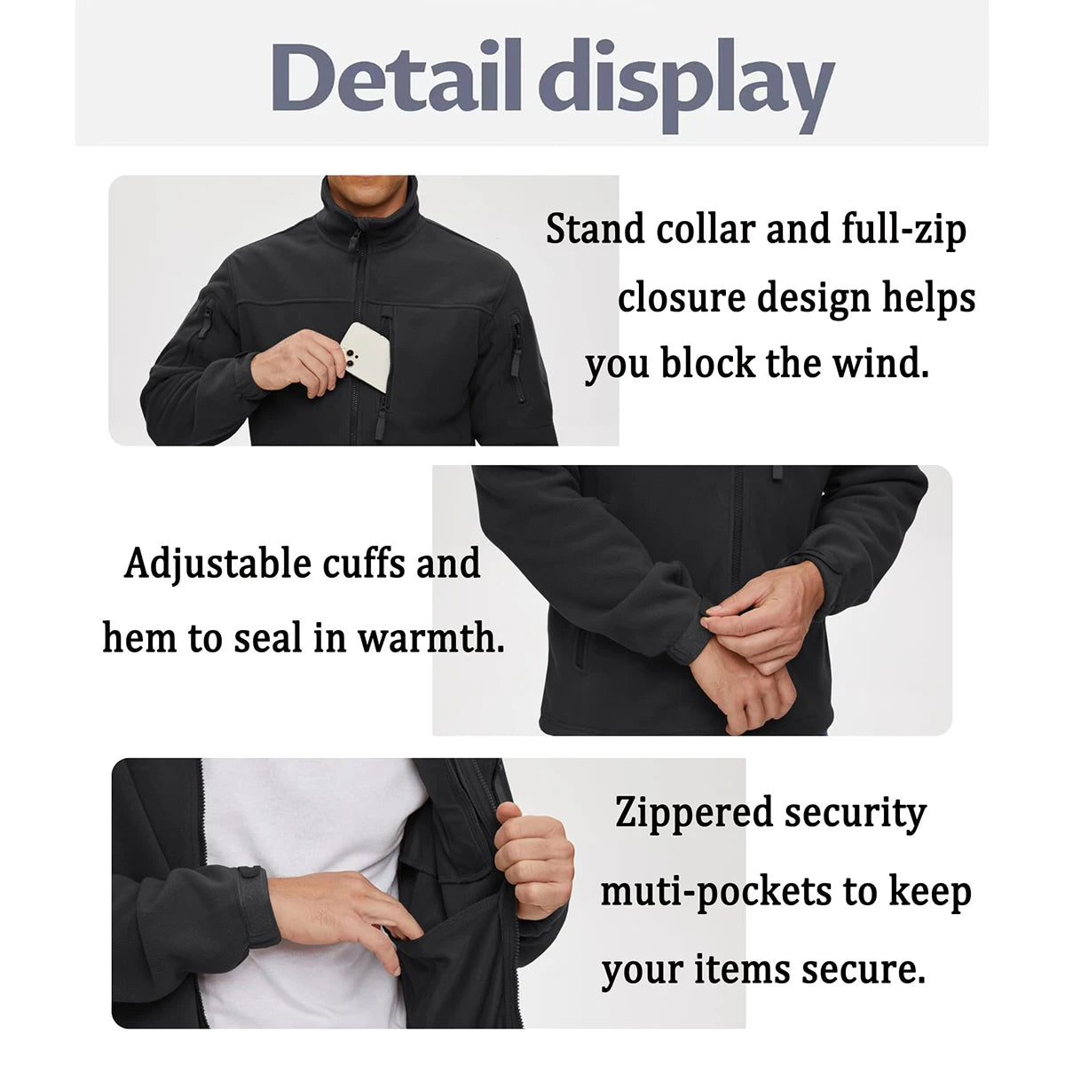 TACVASEN Men's Fleece Jacket Soft Warmth Windproof Full Zip Up Coat Multiple Zipper Pockets Hiking Working Outdoors Windbreaker