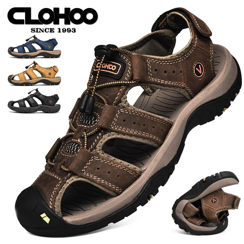 Men's Leather Sandals Handmade Thick Rubber Sole Breathable Slip On