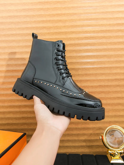 Men's Mid-Calf Leather Motorcycle Boots Pointed Toe Lace-Up