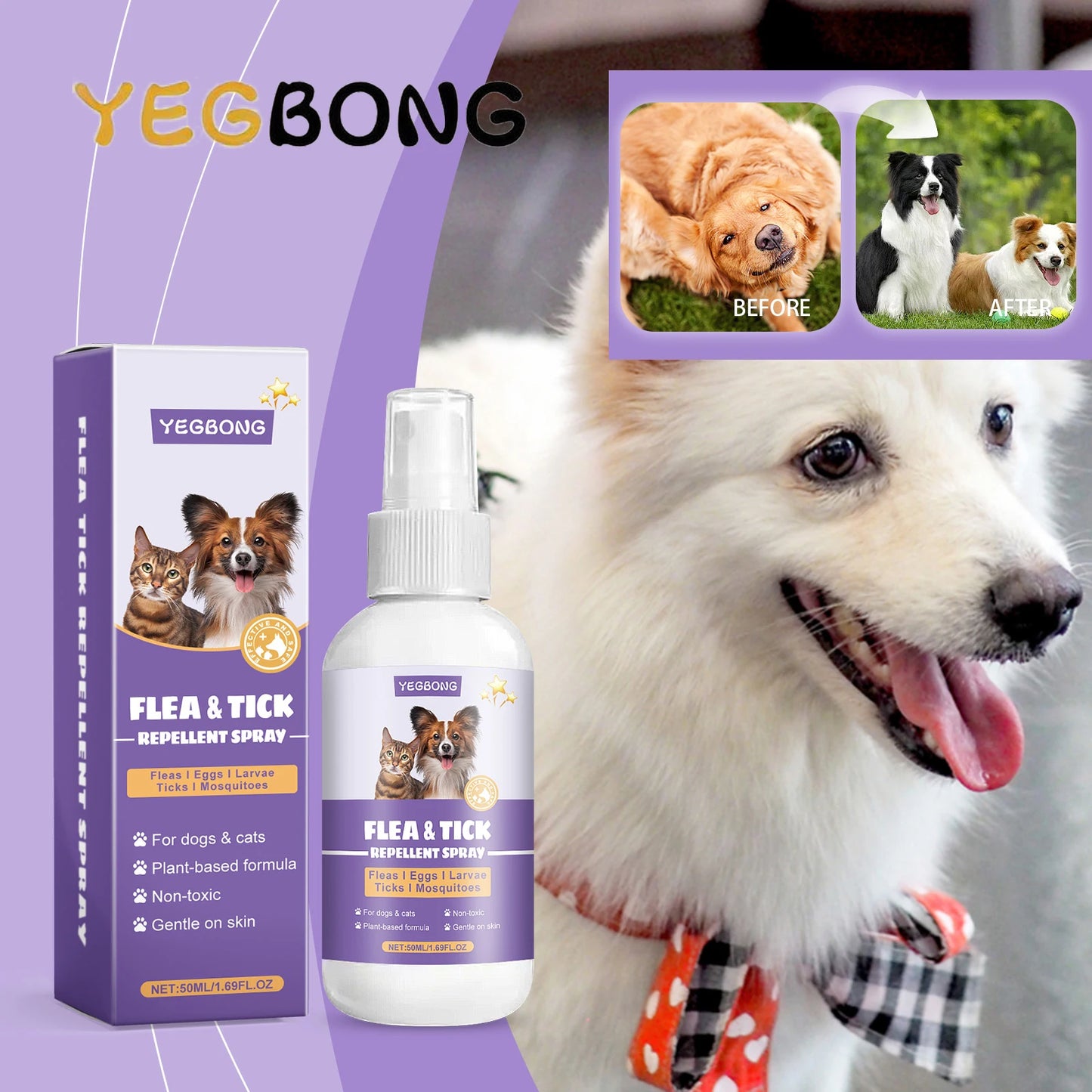 YEGBONG 50ml Flea Tick Prevention Spray for Dogs and Cats Fast Acting Waterproof Outdoor Protection with Natural Essential Oils