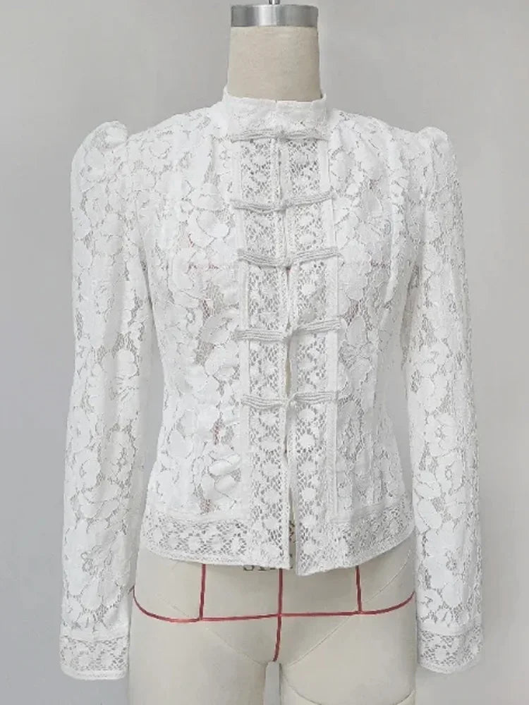 Tossy Summer Lace Printed Shirts Tops Female Hollow Out Fashion Commute Vintage See-Through Blouse Women's Lace Shrug Shirts New