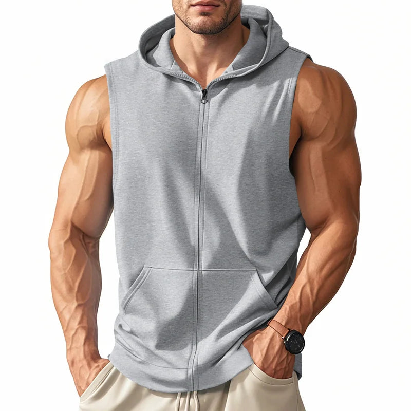 Summer Men's Hooded Zipper Tank Tops Casual Fitness Sports Vest Fashion Zipper Sleeveless Cardigan Tees Tops Male running Vest