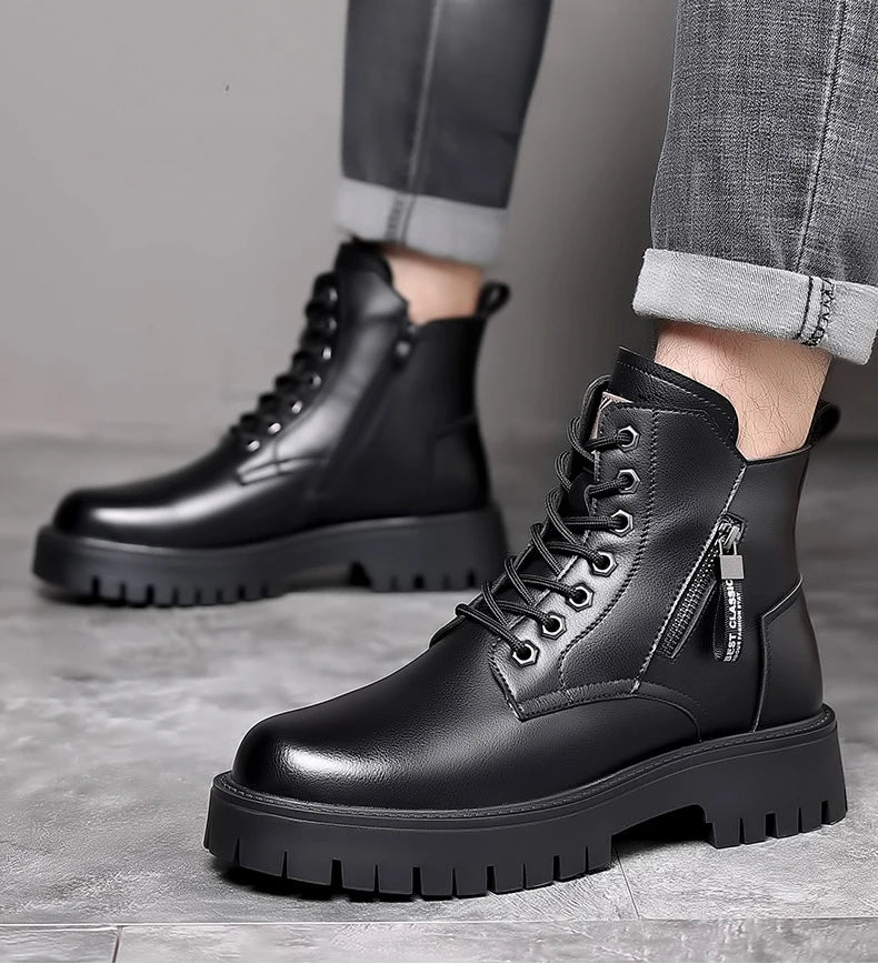 Winter thick soled Men's boots Outdoor waterproof laceup genuine leather boots male Comfortable warm leather shoes Botas Zapatos