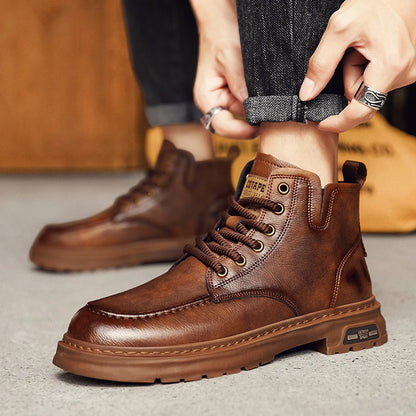 Brown Leather Mens Ankle Boots Lace Up Platform Outdoor