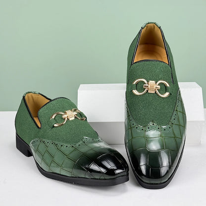 Mens Green Leather Dress Shoes, Slip-On, Pointed Toe, Non-Slip