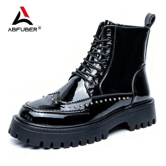 Men's Mid-Calf Leather Motorcycle Boots Pointed Toe Lace-Up