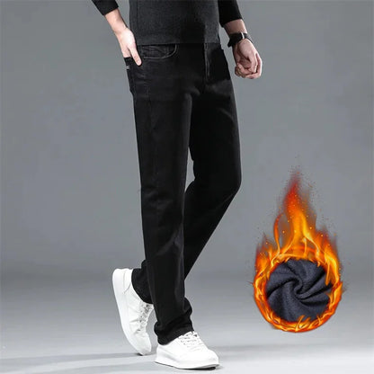 Plus Size Men's Black Straight Stretch Denim Jeans With Fleece Lined Warm Velvet