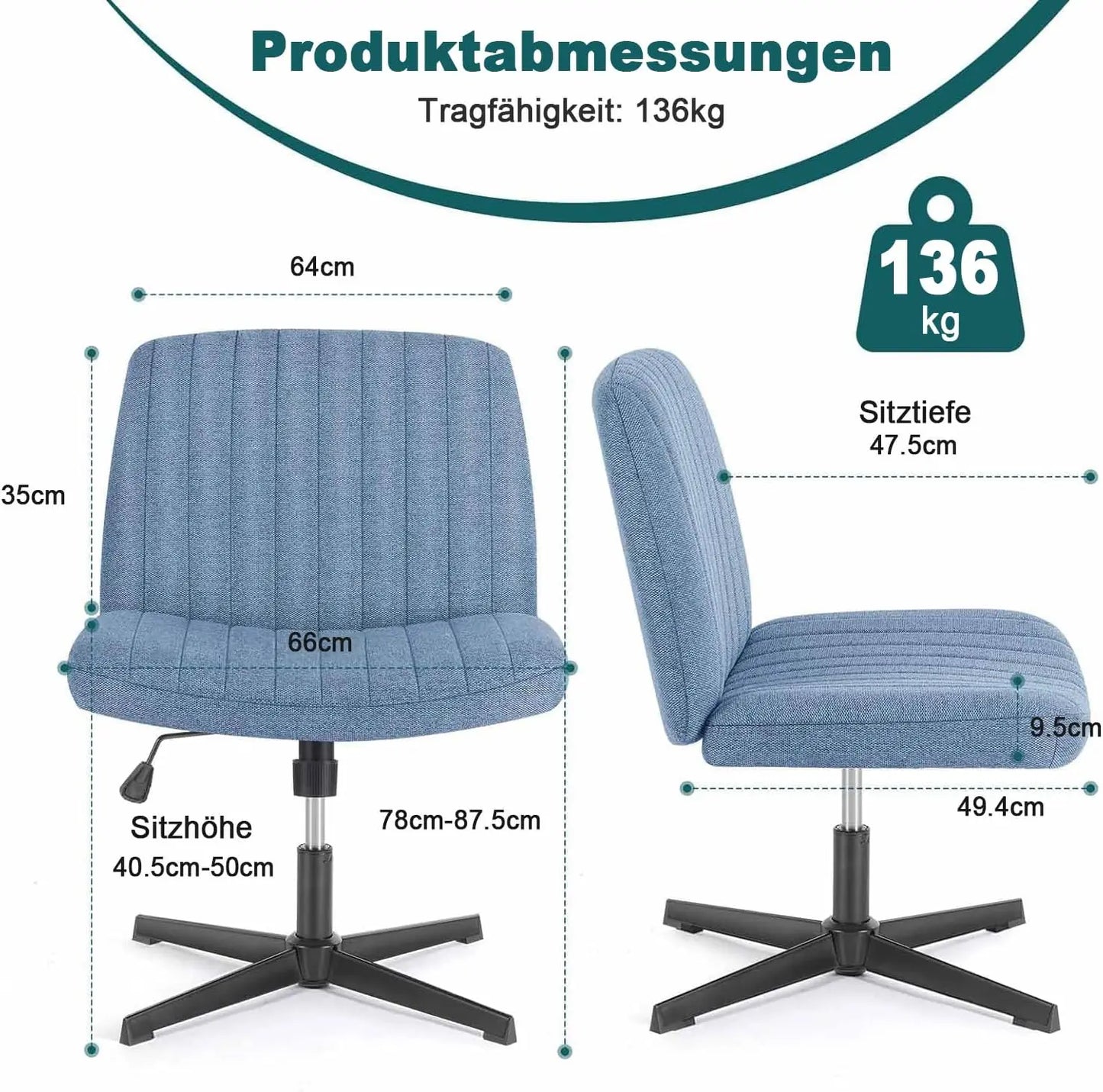 Criss Cross Legged Office Chair, Armless Wide Seat No Wheels, Modern Home Desk Height Adjustable Swivel