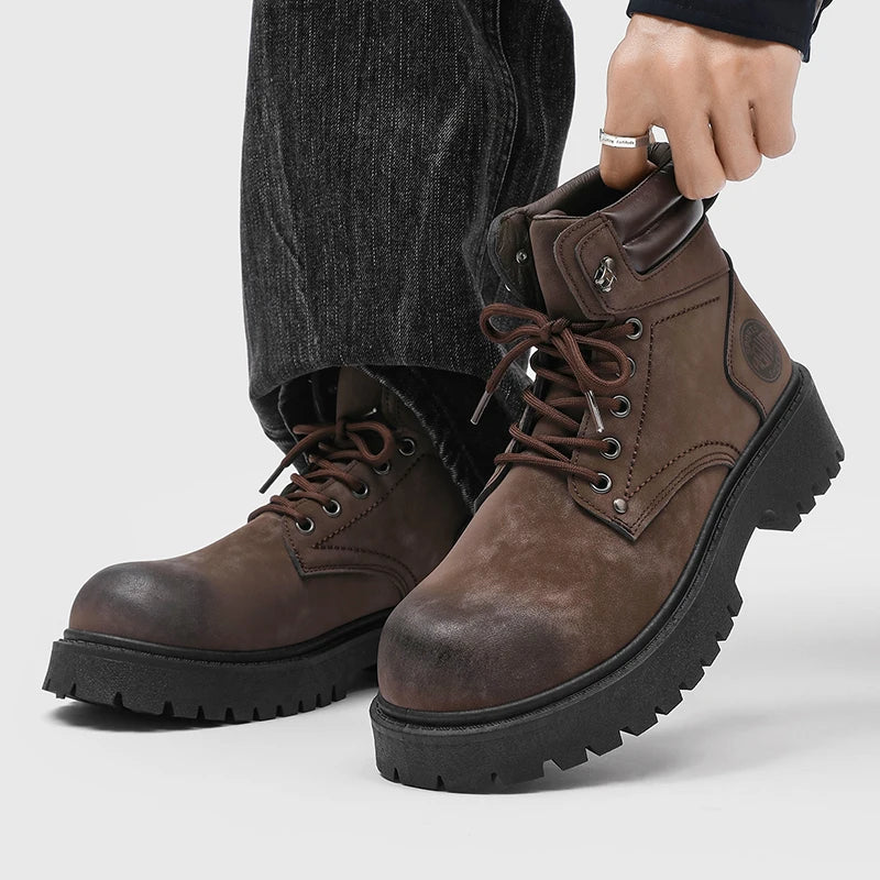 Men's Snow Boots Ankle-Height Leather Lace-Up Thick-Sole Size 39-46