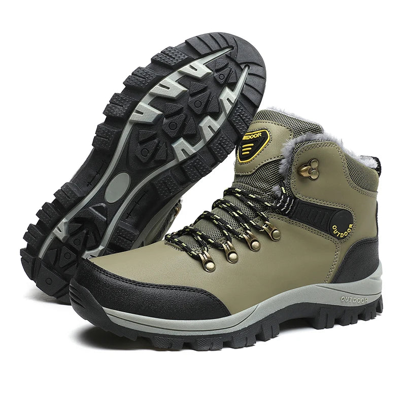 Men's Winter Boots Fur Lined Waterproof Leather High Top Ankle Boots Plus Size