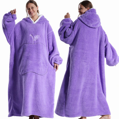 Extra Long Hooded Blanket – Winter Flannel Wearable Throw with Full Sleeves