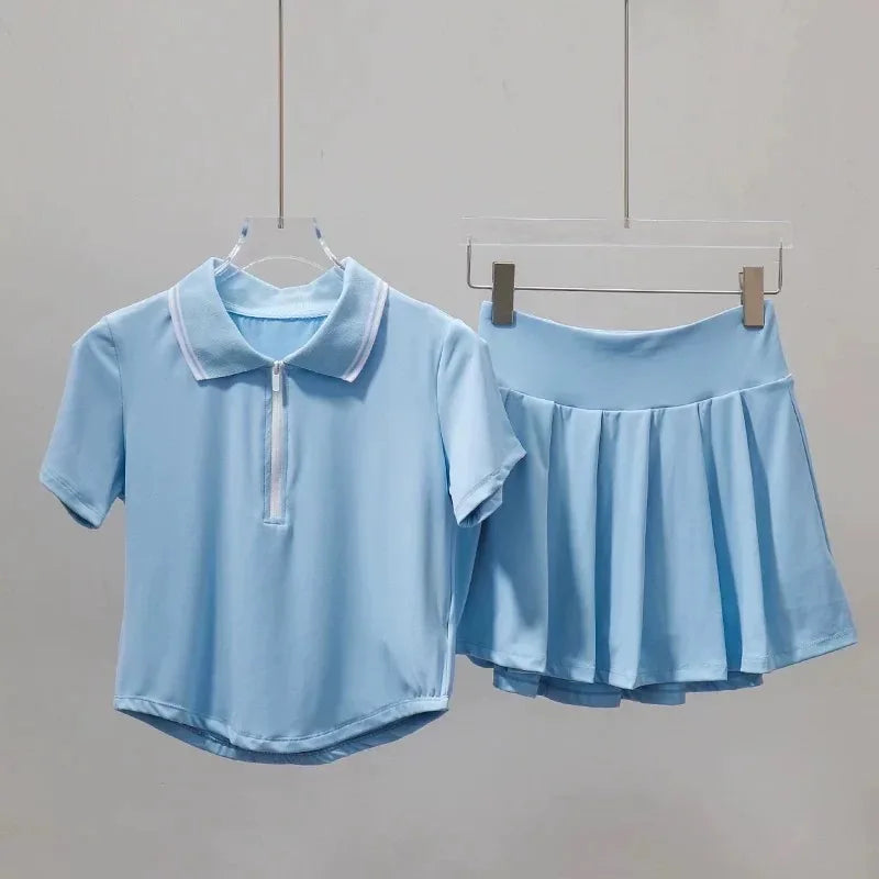 Women's summer new tennis suit set, short polo shirt, short sleeved sports top paired with pleated anti glare skirt pants