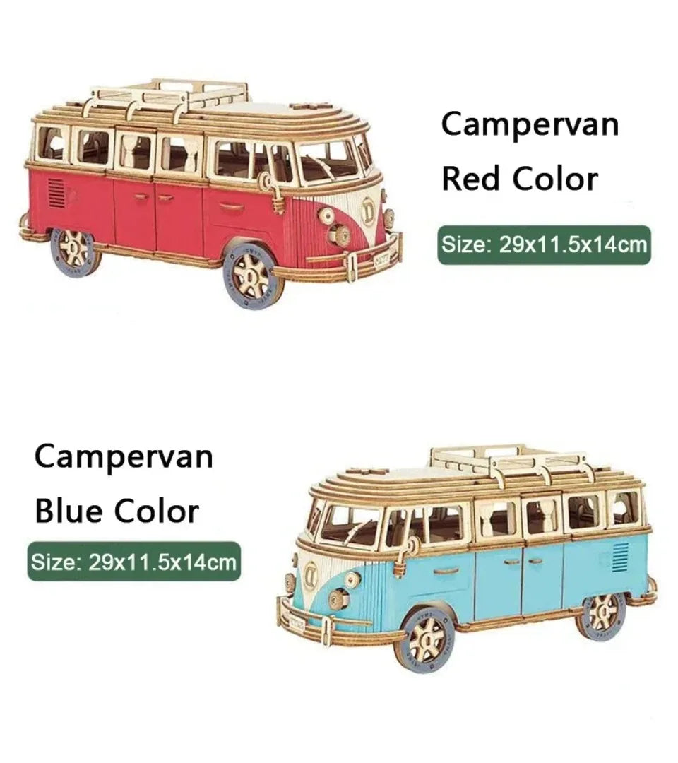 3D Wooden Car Retro Bus Europeanstyle Campervan DIY Manual Assembly Puzzle Camper Van Educational Toy for Children Christma Gift