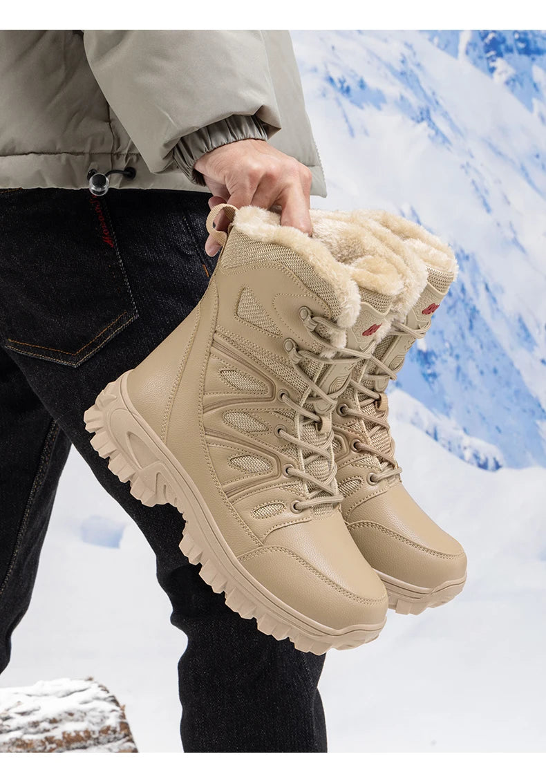 Men's Waterproof Leather Snow Boots Mid-Calf Lace-Up With Plush Lining