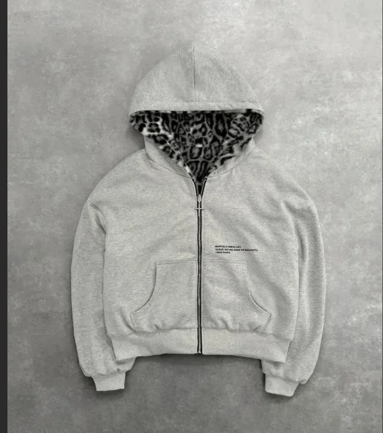 Korean Fashion Simple Gray Double-Sided Oversized Zipper Hoodie Women's Y2K New Harajuku Gothic Casual Joker Couple Street Wear