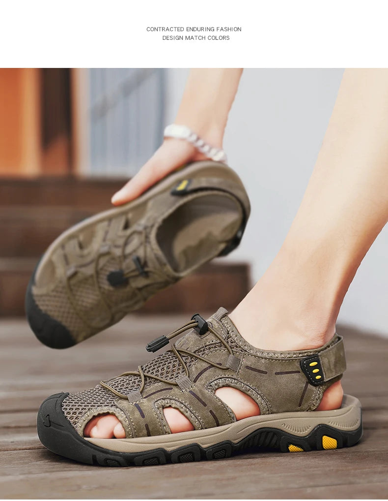 Genuine Leather Men's Sandals With Hook and Loop Closure