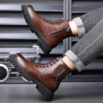 Mens Genuine Leather Motorcycle Boots Mid Calf With Thick Sole