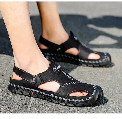 Men Cowhide Sandals Slip On With Rubber Bottom Casual Outdoor