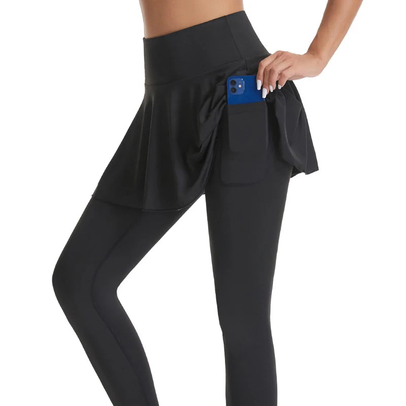 VITALINOVO Tennis Skirted Leggings with Pocket for Women High Waisted Active Skort Active Ruffle Pleated Golf Skapri with Skirt