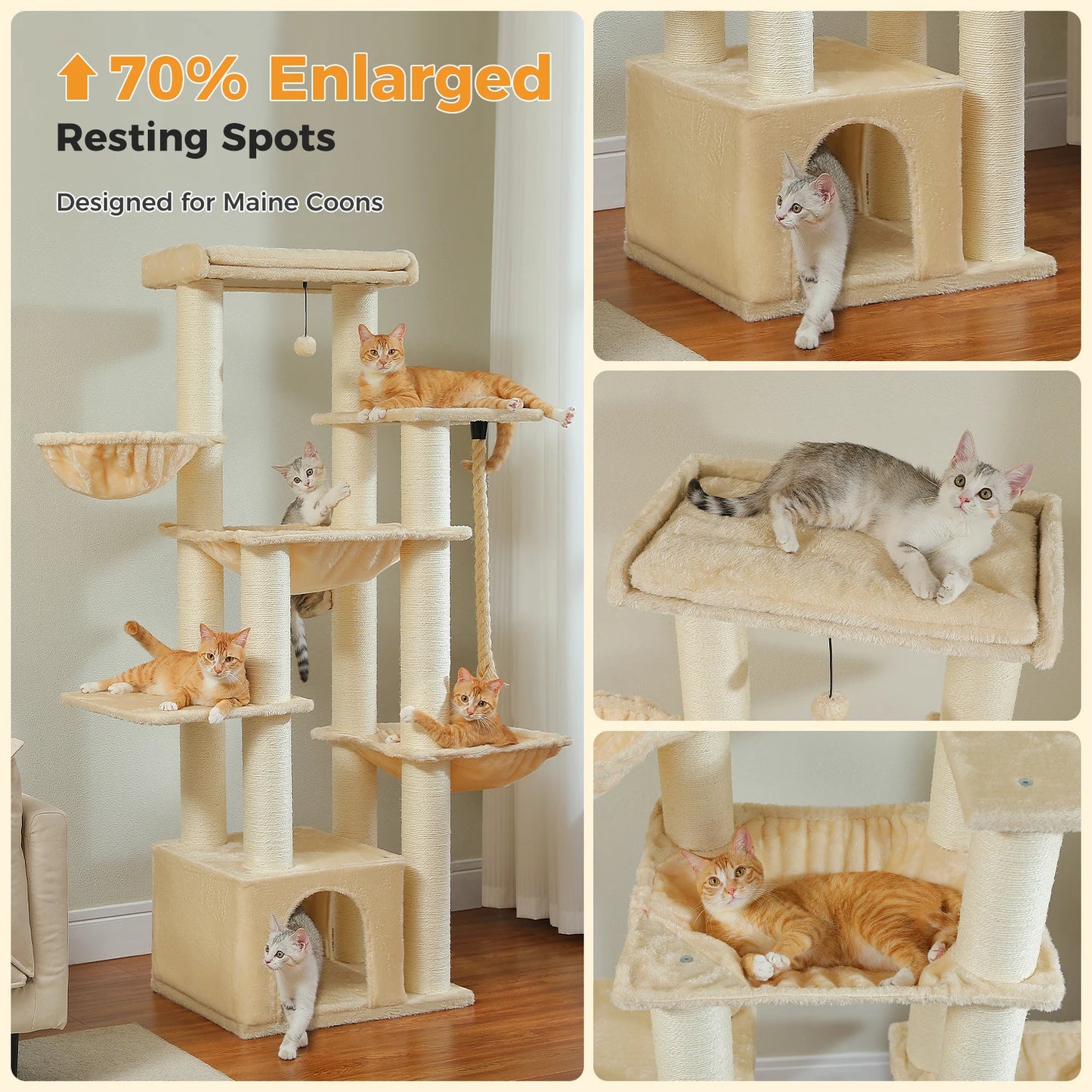 Multi-Level Cat Tree with Scratching Posts, Cozy Condo, Super Large Perch, Deep Hammocks, Tall Cat Tower for Indoor Adult Cats
