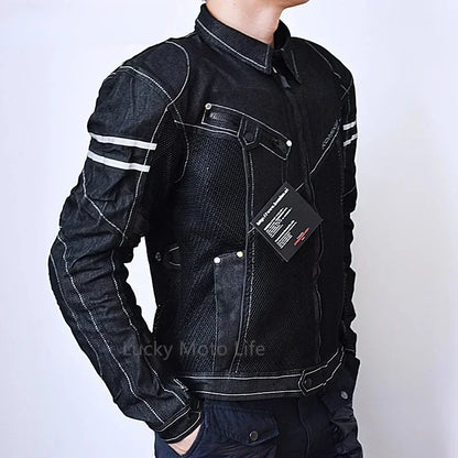 Motorcycle Jacket, Denim Mesh, Breathable, Polyester and Cotton, Men's