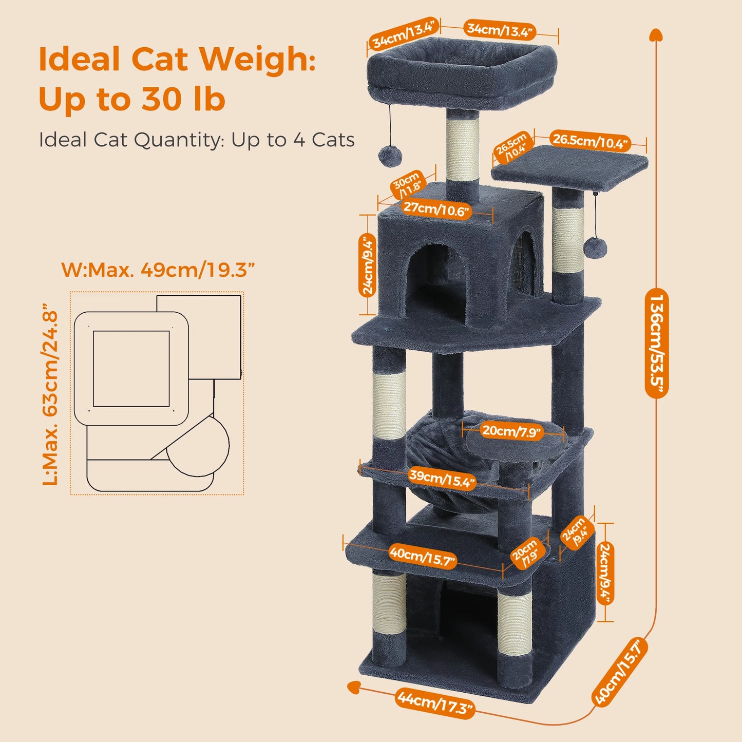 6-levels Cat Tree Tower with Joyful Pompom,Cozy Hammock,Double Condos,2 Top Perches,5 Scratching Posts Perfect for Indoor Cats