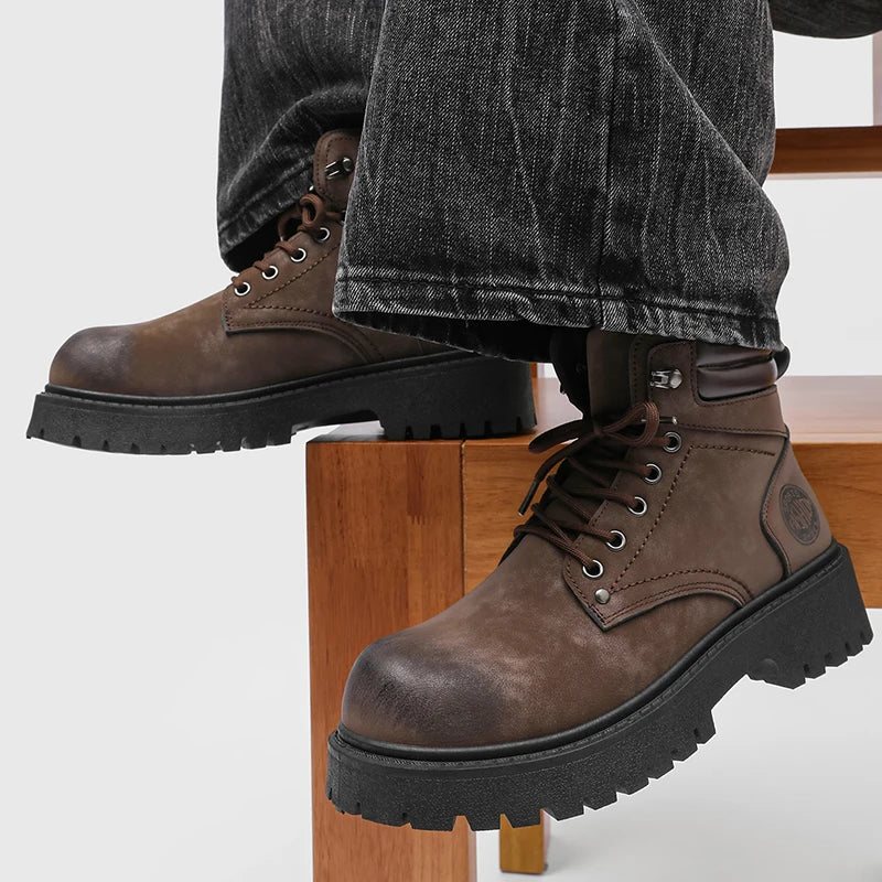 Men's Snow Boots Ankle-Height Leather Lace-Up Thick-Sole Size 39-46