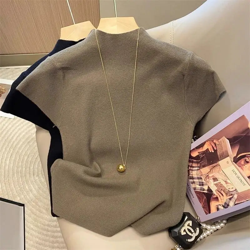 2026 Basic Turtleneck Solid Thin Summer Pullover Women Female Knitted Sweater Slim Short Sleeve Bodycon Sweater
