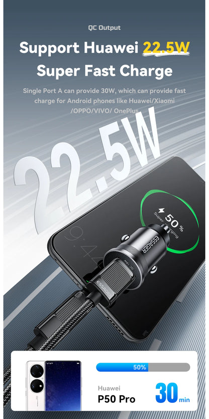 45W USB Type-C Car Charger With QC 3.0 PD 3.0 SCP AFC