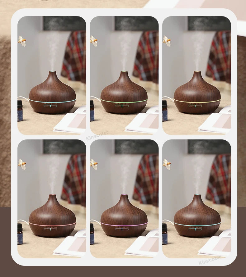 KINSCOTER Wood Grain Aromatherapy Diffuser 300ml Essential Aroma Oils Ultrasonic Air Humidifier 3 Timers USB Color Light