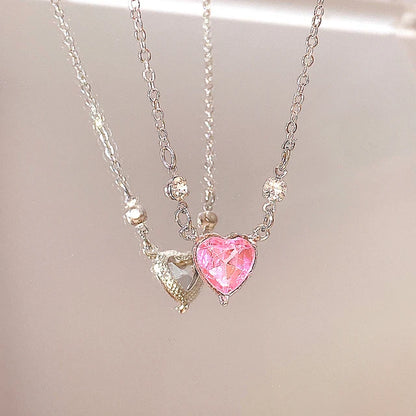 Pink Planet Heart Zircon Pendant Necklace Zinc Alloy For Women