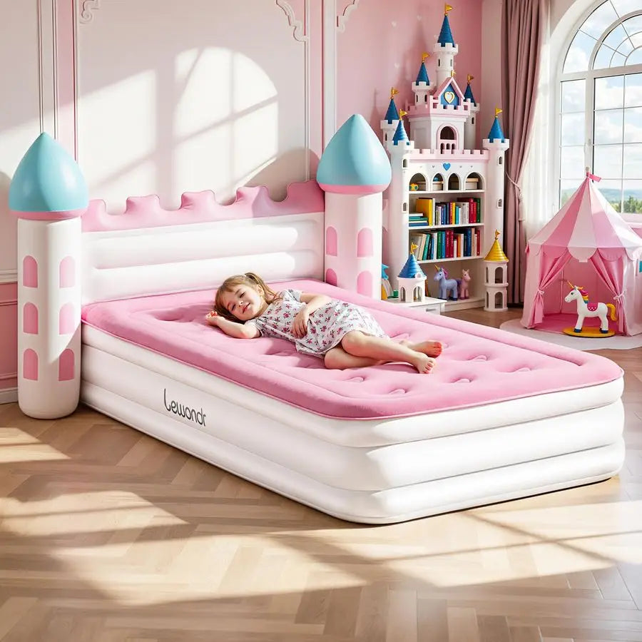 Inflatable Kids Bed, Pink Castle Toddler Travel Bed with Electric Air Pump, Kids Blow Up Mattress with Portable Storage Bag, Kid
