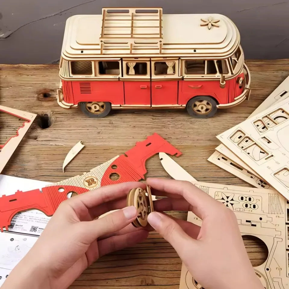 3D Wooden Car Retro Bus Europeanstyle Campervan DIY Manual Assembly Puzzle Camper Van Educational Toy for Children Christma Gift