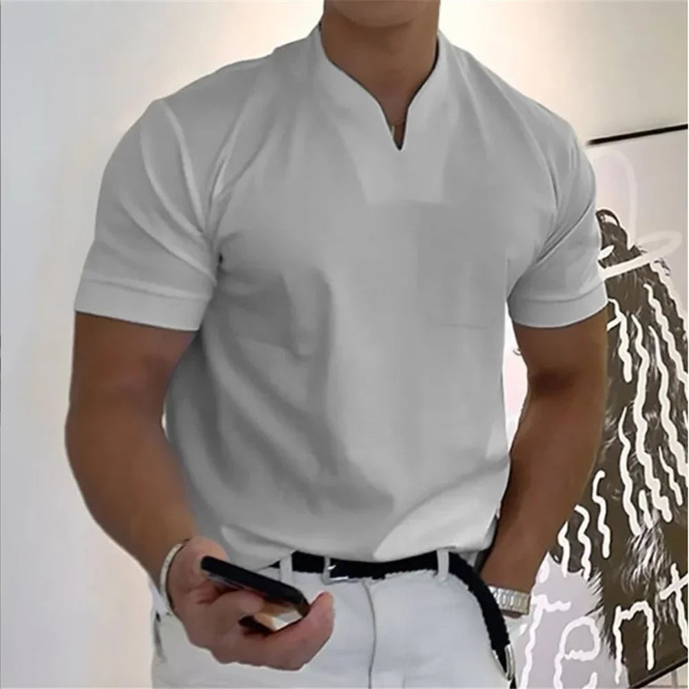2025 Summer New Men's Fashion Trend T-shirt Short Sleeve V-neck Top Elastic Cotton Fitness Sports Loose Large Size Clothing