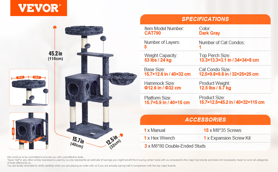 SucceBuy Cat Tree for Indoor Cats Cat Tower with Cat Condo Sisal Scratching Post HammockTop Perch Jumping Platforms Dark Grey