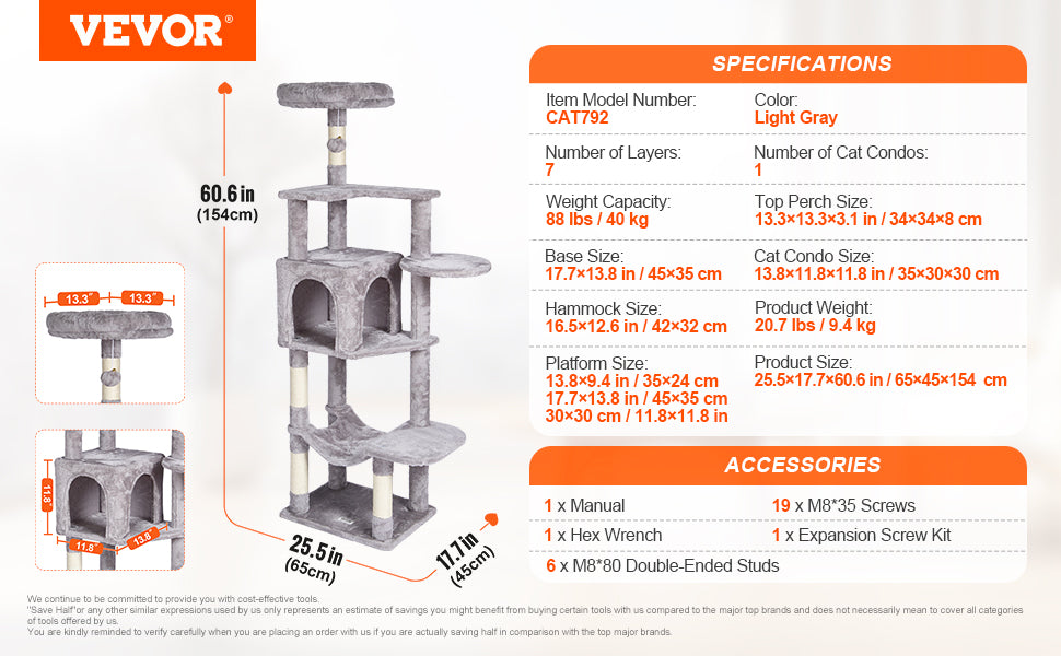 SucceBuy Cat Tree for Indoor Cats Cat Tower with Cat Condo Sisal Scratching Post HammockTop Perch Jumping Platforms Dark Grey