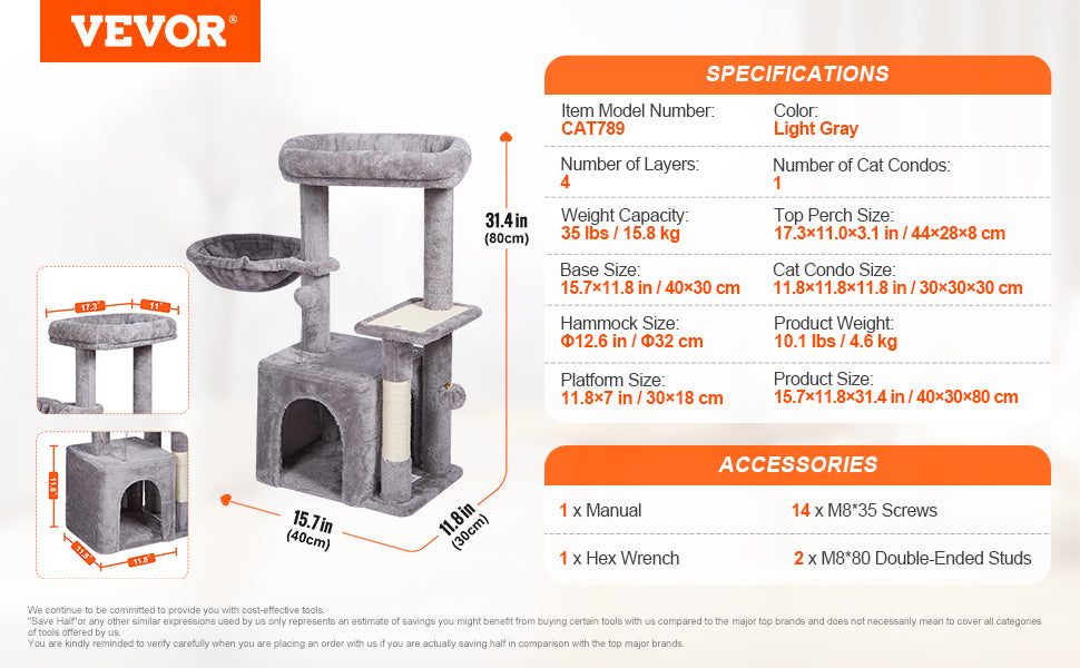 SucceBuy Cat Tree for Indoor Cats Cat Tower with Cat Condo Sisal Scratching Post HammockTop Perch Jumping Platforms Dark Grey