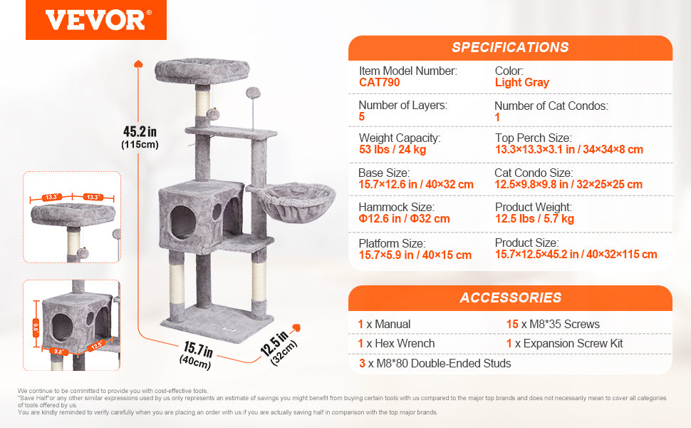 SucceBuy Cat Tree for Indoor Cats Cat Tower with Cat Condo Sisal Scratching Post HammockTop Perch Jumping Platforms Dark Grey