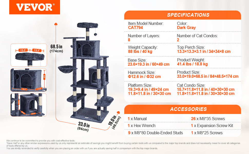 SucceBuy Cat Tree for Indoor Cats Cat Tower with Cat Condo Sisal Scratching Post HammockTop Perch Jumping Platforms Dark Grey