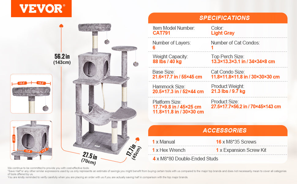 SucceBuy Cat Tree for Indoor Cats Cat Tower with Cat Condo Sisal Scratching Post HammockTop Perch Jumping Platforms Dark Grey