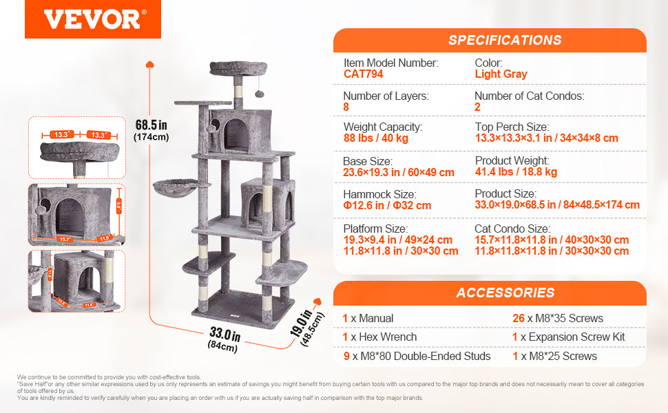 SucceBuy Cat Tree for Indoor Cats Cat Tower with Cat Condo Sisal Scratching Post HammockTop Perch Jumping Platforms Dark Grey