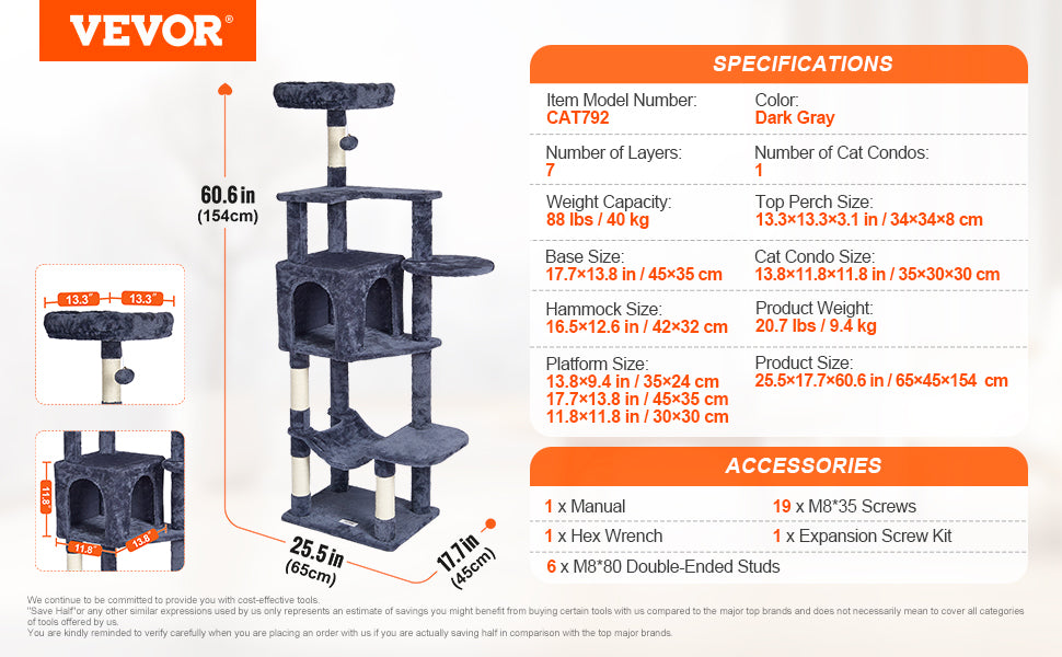 SucceBuy Cat Tree for Indoor Cats Cat Tower with Cat Condo Sisal Scratching Post HammockTop Perch Jumping Platforms Dark Grey