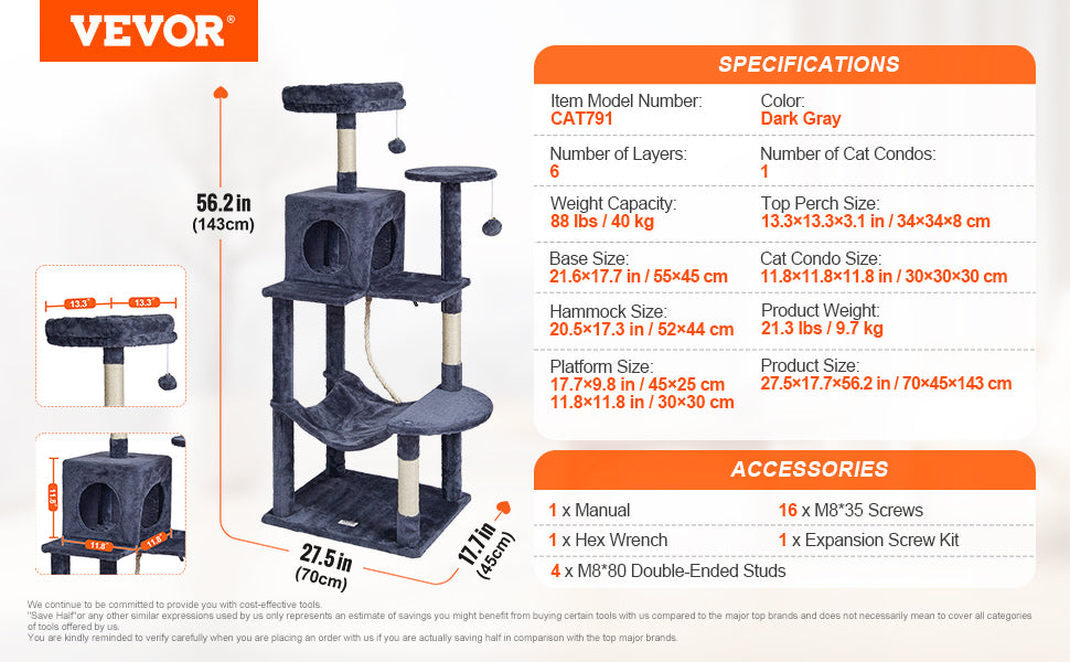 SucceBuy Cat Tree for Indoor Cats Cat Tower with Cat Condo Sisal Scratching Post HammockTop Perch Jumping Platforms Dark Grey