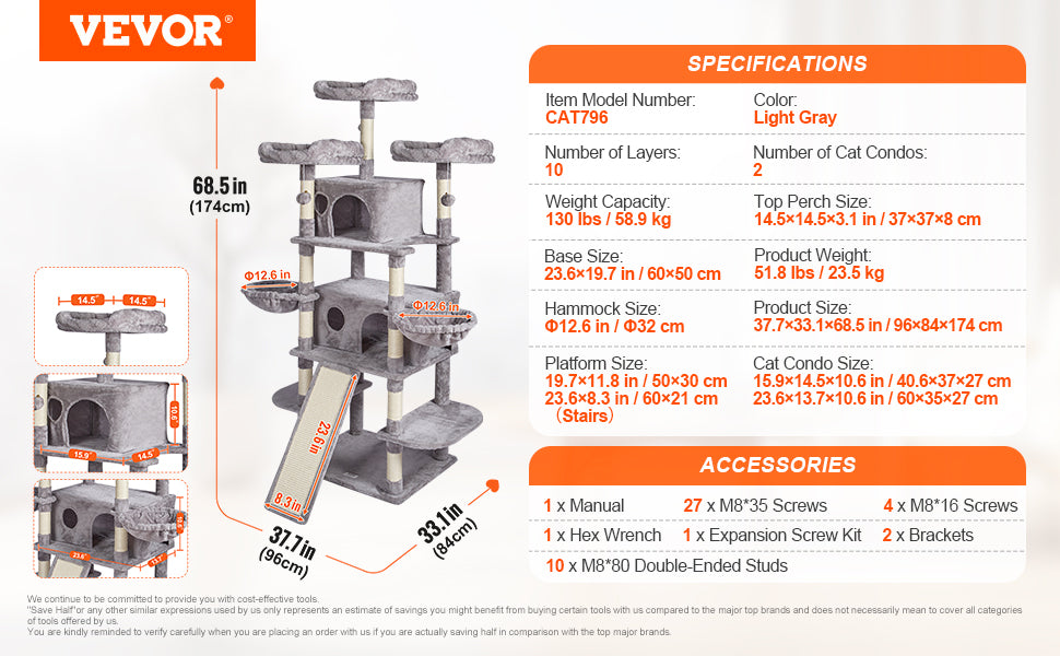 SucceBuy Cat Tree for Indoor Cats Cat Tower with Cat Condo Sisal Scratching Post HammockTop Perch Jumping Platforms Dark Grey