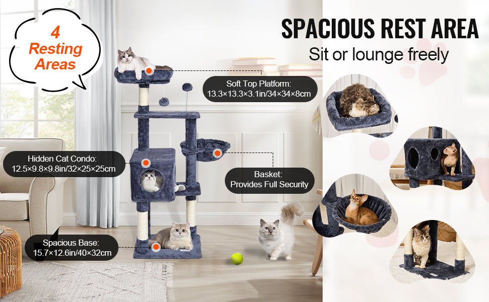 SucceBuy Cat Tree for Indoor Cats Cat Tower with Cat Condo Sisal Scratching Post HammockTop Perch Jumping Platforms Dark Grey