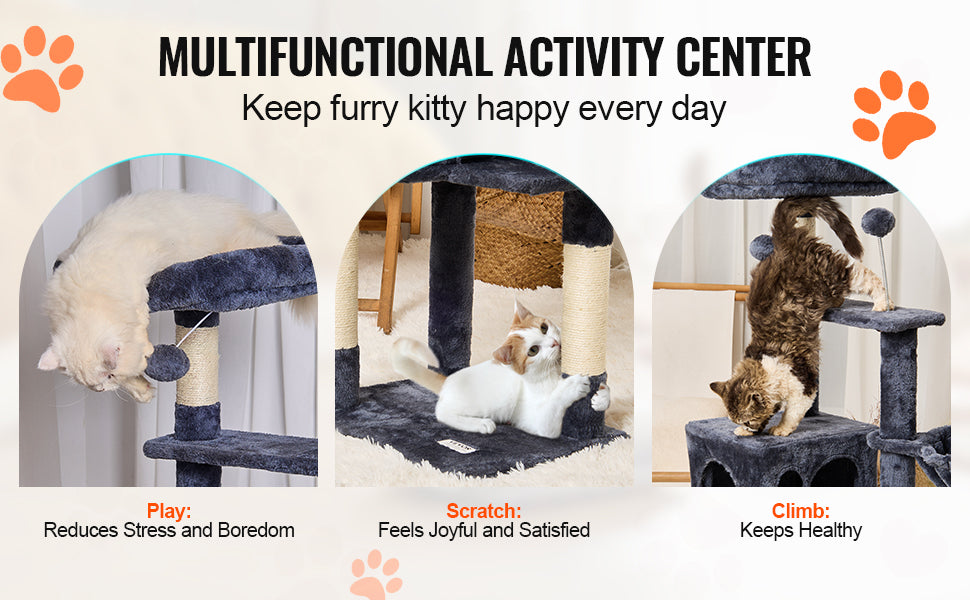 SucceBuy Cat Tree for Indoor Cats Cat Tower with Cat Condo Sisal Scratching Post HammockTop Perch Jumping Platforms Dark Grey